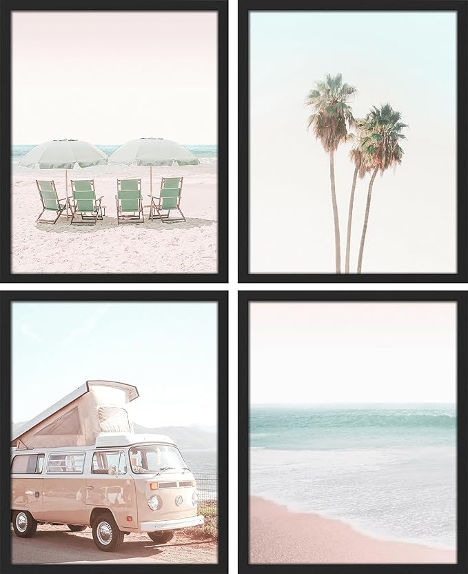 SIGNWIN Framed Collage Print Gallery Set 1980s Retro Miami Wall Art, Set of 4 Beach Landscape Wall Decor Prints, Nature Wilderness Wall Décor for Living Room, Bedroom - 12"x16" Black