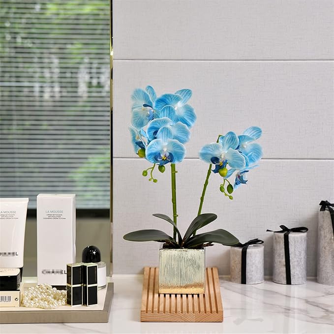 Artificial Potted Orchid Faux Phalaenopsis Silk Flowers Bonsai Realistic Arrangement in Silver Vase for Home Decoration Table Centerpiece, Blue