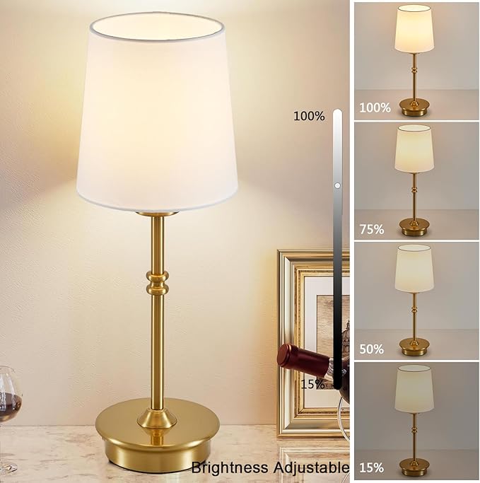 Rechargeable Cordless Table Lamp, Brushed Gold Battery Operated Desk Lamps with Detachable LED Bulbs, 13 Colors Dimmable Bedside Lights for Bedroom, Bar, Night Light, Camping