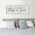 ZZJJHYWGQ Life is Short Make It Sweet Sign Wall Decor 32"×12" for Bedroom Family Lnspirational Quote Large Wood Framed Wall Hanging Art (White)