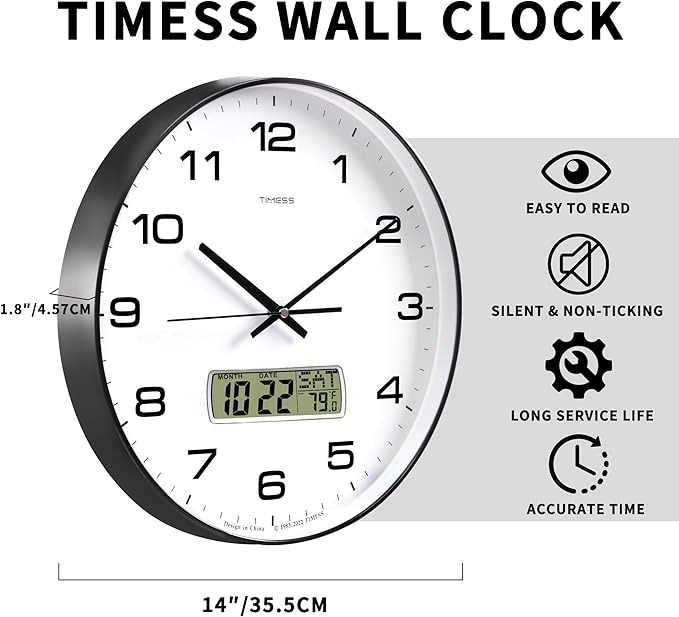 Wall Clock, 14" Large Dial Non-Ticking Silent Battery Operated Analog with LCD Display for Perpetual Calendar and F° Temperature, Ideal Modern Home, Bedroom, Office Decor (Black)
