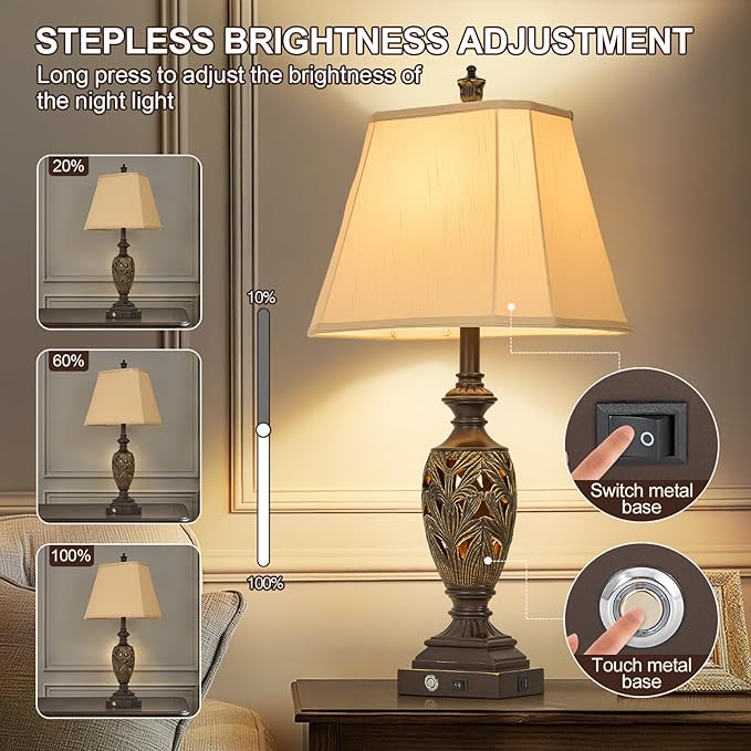 29.5" H Touch Traditional Table Lamp Set of 2,Vintage Bedside Nightstand Lamps with Dual USB and Night Light, 3-Color Hollow Out Leafwork Bronze Gold Finish Desk Lamps for Living Room,Bedroom