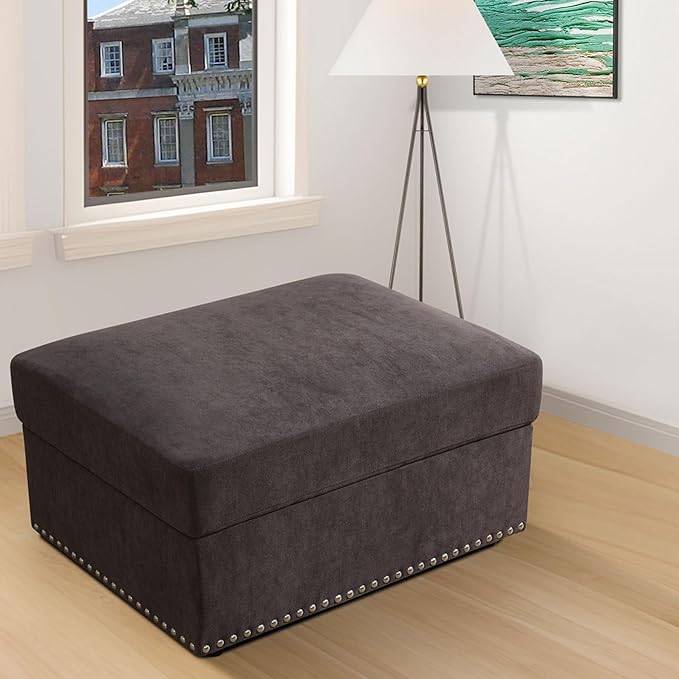Ottoman Rectangular Storage Ottoman Bench, Flannel Footrest Stool Footstool with Lid for Living Room, Bedroom, Entryway, Brown, 33.5"x25.5"x18"