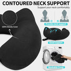 2 Pack Inflatable Travel Neck Pillow for Airplane, 360° Head Support Velvet Adult Neck Pillow for Long Flight, Removable Washable Cover, Kit with Eye Masks, Earplugs & Storage Bag, Black