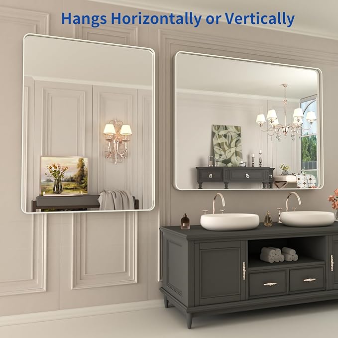 WEER 40X30 Inch Brushed Nickel Bathroom Mirror, Brushed Silver Metal Frame Mirror, Rounded Rectangle Silver Bathroom Vanity Mirror, Tempered Glass, Anti-Rust, Hangs Horizontally or Vertically
