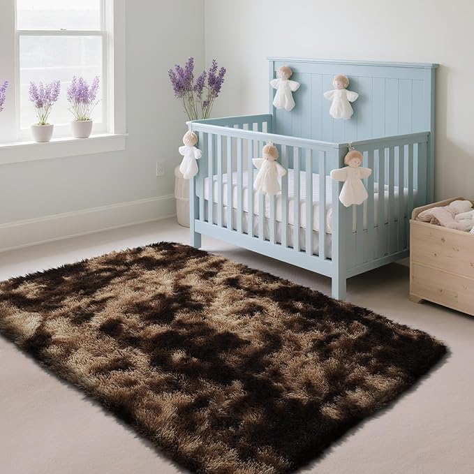 Fluffy Rug Shaggy Area Rug, Mottling Brown 4x6 Area Rugs for Bedroom, Small Bedside Rug, Soft Fluffy Shaggy Entryway Throw Rugs for Living Room Bedroom Kids Room Home Decor