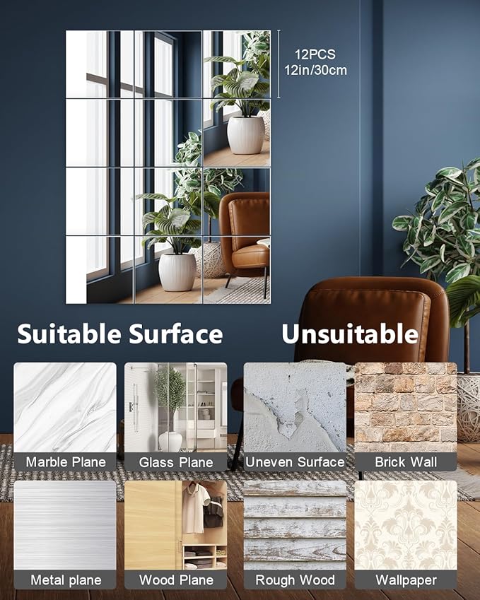 Home Gym Mirrors 12 Inch x 12Pcs Full Length Mirror Tiles Acrylic Unbreakable Wall Mounted Mirror Frameless Full Length for Home Gym, Bedroom, Door