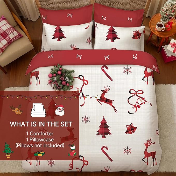 Christmas Comforter Set Twin Size, Christmas Bed Set with Reindeer, Bows and Santa Claus Snowflakes Bells Bedding for Holiday, 2 Pieces 1 Reversible Comforter and 1 Pillowcase