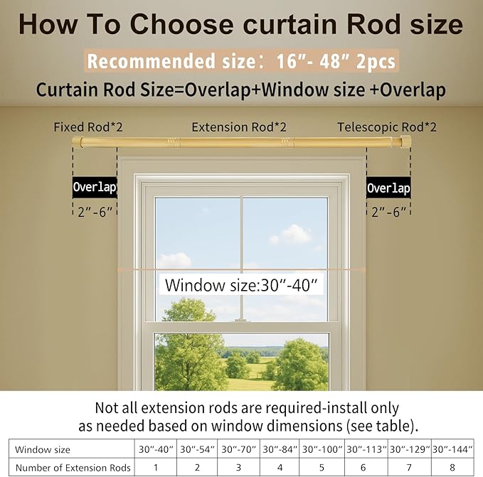 Gold Curtain Rods 2 Pack Set Adjustable,16-48 Inch Heavy Duty Telescoping 1 Inch Diameter Metal Window Rod Extendable Mounting Brackets Luxurious Gold Finish Home Decor Easy Install Multi-Window