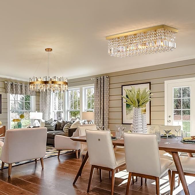 Siljoy Modern Crystal Chandelier 6-Lights Rectangle Flush Mount Pendant Ceiling Light Fixture Luxury Gold Rectangular K9 Crystal Raindrop Chandelier for Dining Living Room Kitchen Island Bar L31.5''