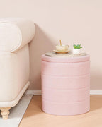 B FSOBEIIALEO Ottoman with Stroage, Round Sherpa Storage Ottoman Stool, Boucle Foot Rest 14.6"x14.6"x17.7"（Pink