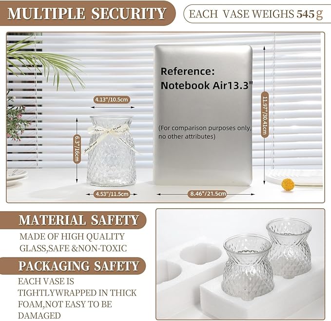 SOJOCK 2PACK Glass Flower Vases(Flowers NOT Included),6.3" High Diamond Pattern Vases,Vintage Vases for Centrepieces,Wedding Decorations,Home Table Flower Decorations