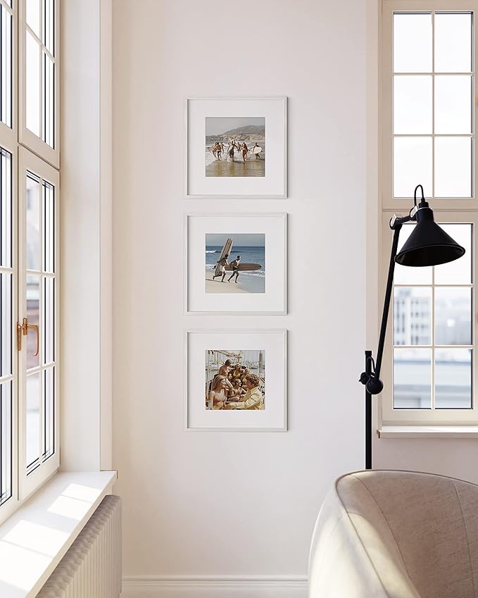 HAUS AND HUES Solid Oak Wood 12”x12” Picture Frames Matted to 8”x8” Set of 3 - Square White Frames 12x12, White Frame with Mat, 12 x 12 Frames, Square Picture Frame 12x12, White Wood Frame