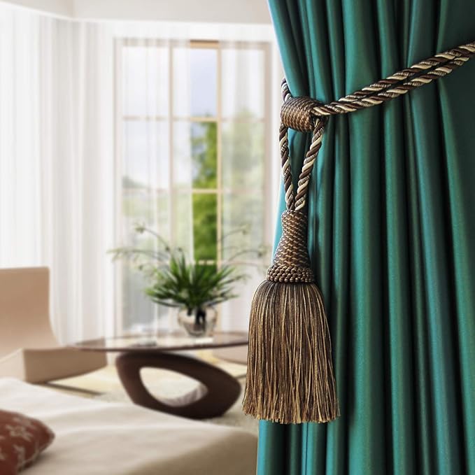 Fenghuangwu Curtain Tiebacks Handmade Elegant Curtain Tie Backs Holdbacks with Tassel for Home Office Decor 2 Pack - Dark Coffee