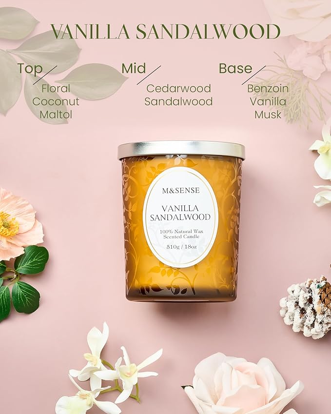 M&SENSE Vanilla Sandalwood Candle, Cracking Wooden Wick Soy Wax, 18oz 100 Hours Long Lasting Clean Burn, Large Jar Candles for Home Scented, Non-Toxic Relaxing Aromatherapy Gifts for Women