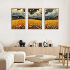 HLNIUC Mystical Moonlight Framed Wall Art Set,Night Moon Wildflower Canvas Wall Decor,Full Moon Mountain Flower Art Print,Large Golden Floral Landscape Wall Painting for Living Room,Office - 16”x24”x3