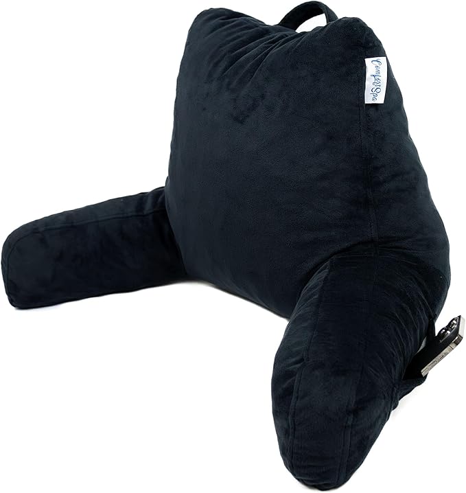 ComfortSpa Reading Pillow for Bed Adult Size, Back Rest Pillow with Arms, Pockets, Washable Cover; Use as Back Pillow for Bed Sitting Up for Bedrest or Relief from GERD Heartburn (Large Black)