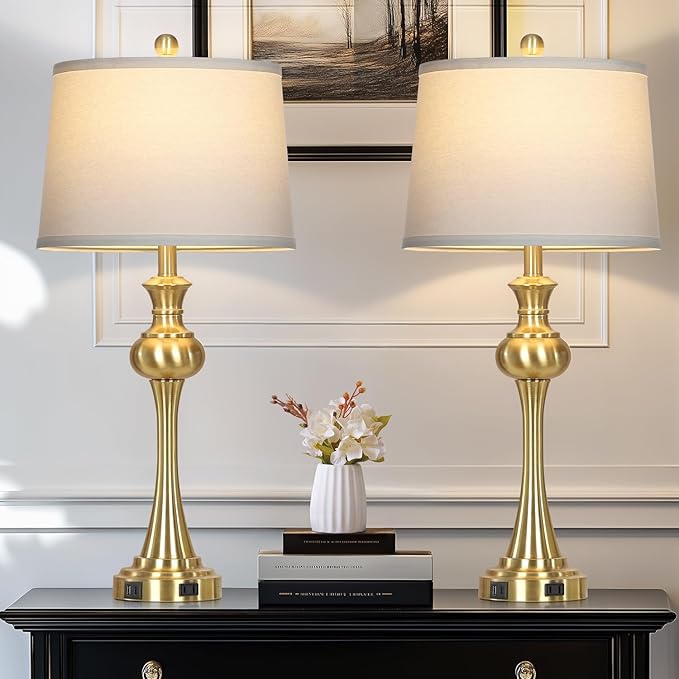 28.75" Gold Table Lamps for Living Room,Touch Lamps for Bedrooms Set of 2 - Nightstand Table Lamp with USB C+A, 3 Way Dimmable Bedside Lamps End Tables, Antique Brass