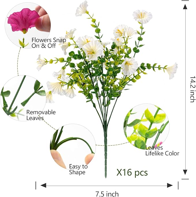Artificial Fake Flowers For Outdoor Outside Decoration,16 Bundles UV Resistant Faux Plastic White Flowers with Green Eucalyptus Stem Plants Bulk Look Real for Home Porch yard Patio Planters (White)