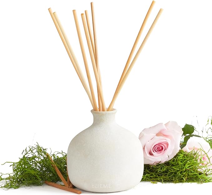 BLUEME Romance-Oakmoss & Sandalwood, 16.91 Fl Oz Wellness Diffuser, Contains Essential Oil, Sustainable, Hand Finished, Premium, Luxury Ceramic, Natural Rattan Reeds