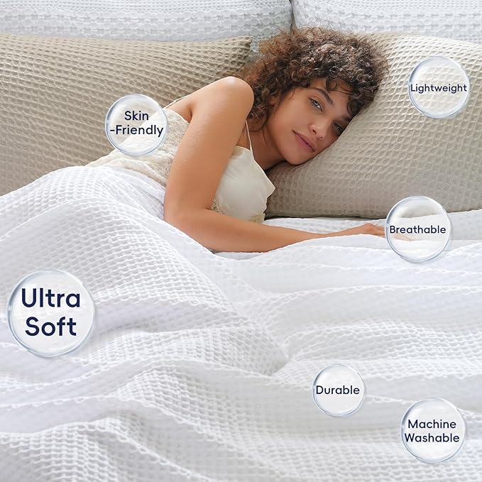 PHF Ultra Soft Waffle Weave Blanket Queen Size 90"x 90"- Washed Lightweight Breathable Cozy Woven Blanket for Bed - Aesthetic Decor for Couch Bedding Sofa Home Car - White