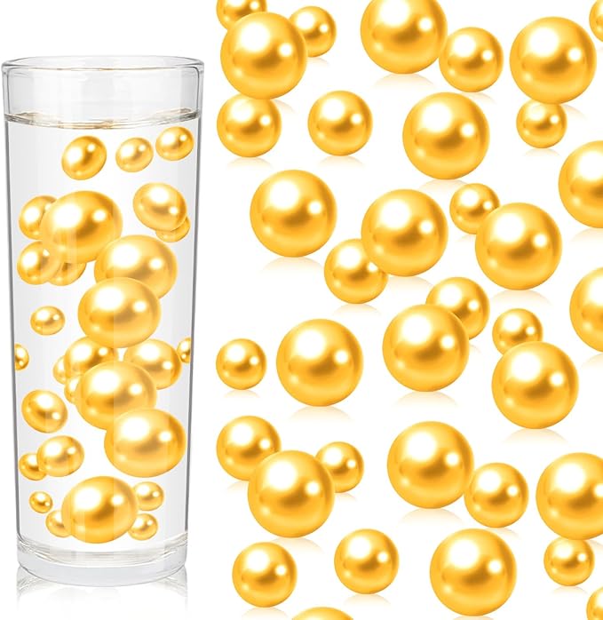 200PCS Golden Yellow Faux Pearls Beads for Centerpiece Vases, Vase Filler Faux Pearls, No Holes Filler Beads for Party Anniversary Birthday Wedding Table Decor, 10/14/20/30mm