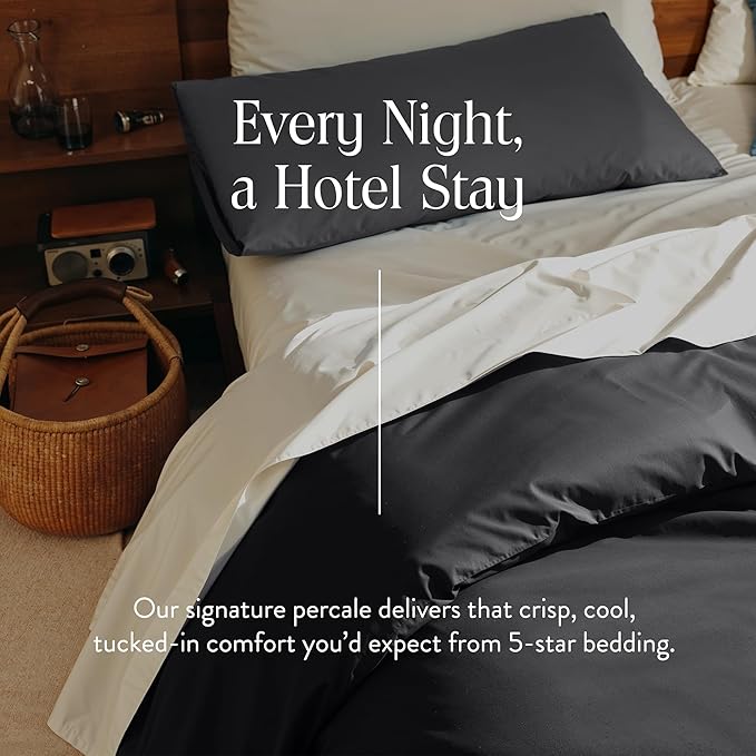 Brooklinen Luxury Percale Duvet Cover – 100% Cotton, Cool, Crisp, Extra-Long Corner Ties, Button Closure, Soft & Breathable – Machine Washable, Duvet Cover Full/Queen Bed Sizes (Slate)