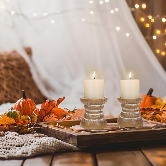 Candle Holder for Pillar Candle Set of 2, Farmhouse Wood Candle Holder, Rustic Wooden Candle Stand, Vintage Small Wooden Candlestick Holders for Living Room, Table Centerpiece, Brown