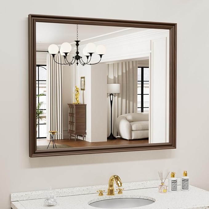 WEER Retro Copper Bathroom Mirror, 36x30 Inch Bronze Oil Rubbed Framed Mirror, Rectangle Classic Vintage Framed Wall Mirror, Farmhouse Vanity Mirror, Tempered Glass, Vertically or Horizontally