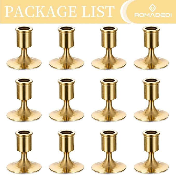 Romadedi Gold Candlestick Candle Holders for Taper, 12 PCS Gold Brass Color Candle Stick Candle Holder for Table Centerpiece, Wedding Reception, Festive Christmas Mantel Decoration or Home Decor