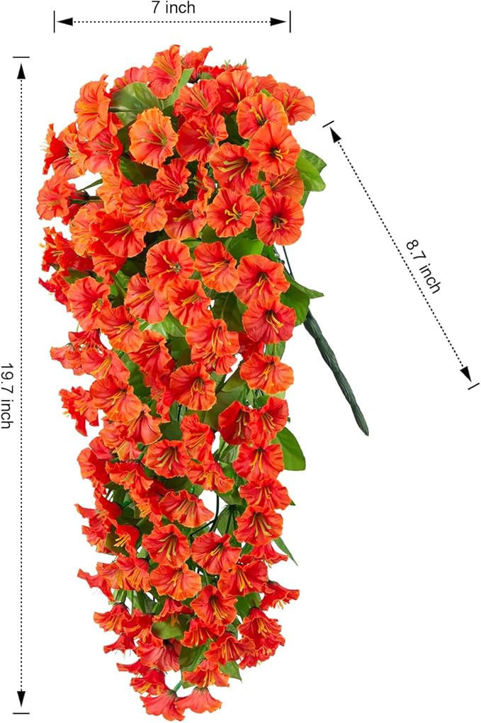 Artificial Fake Fall Hanging Flowers Plants for Outdoor Outside, 2 PCS Faux Silk Orange Morning Glory Trailing Vines Look Real UV Resistant for Autumn Porch Planter Patio Decor