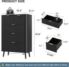 Alohappy Black Fluted Dresser with 5 Drawer and Charging, 48" Tall Mid Century Modern Chest of Drawers with Curved Profile Design, Wood Storage Dressers