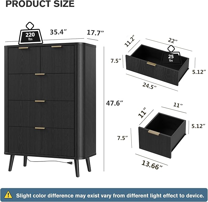 Alohappy Black Fluted Dresser with 5 Drawer and Charging, 48" Tall Mid Century Modern Chest of Drawers with Curved Profile Design, Wood Storage Dressers