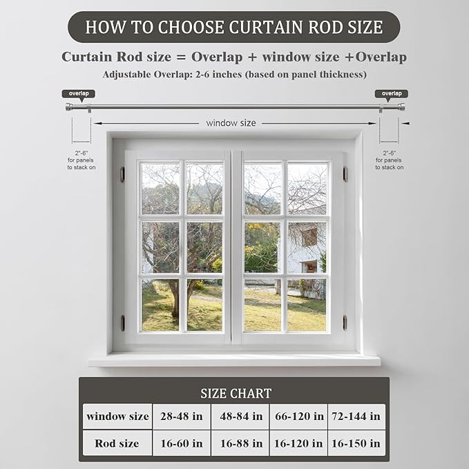 Oneach Silver Curtain Rods for Windows 72 to 144 Inch, 1 Inch Pole Adjustable Length Heavy Duty Metal Curtain Rod Set, for Outdoor Bedroom Kitchen Living Room (16 to 150 Inch)