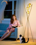 Lightdot Dimmable Tripod Floor Lamp Gold Art Deco Floor Lamp with Brown Globe Glass Lampshade 3Pcs Bulbs Included Tripod Standing Lamp for Living Room/Bedroom