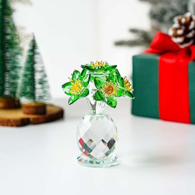 Handcrafted Green Crystal Flower Figurine Christmas Home Decor Elegant Tabletop Centerpiece for Office Desk Unique Gift for Women Mom Wife