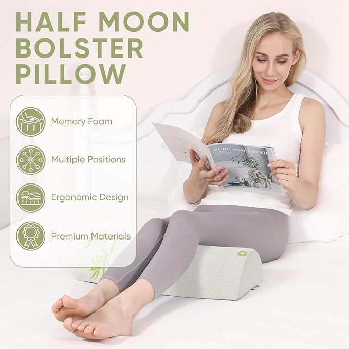 Forias Knee Pillow for Back Sleeping, Memory Foam Bolster Pillow for Legs Elevation Half Moon Pillow Leg Elevating Pillow for Relaxation, Washable Pillowcase Crafted with Rayon Derived from Bamboo