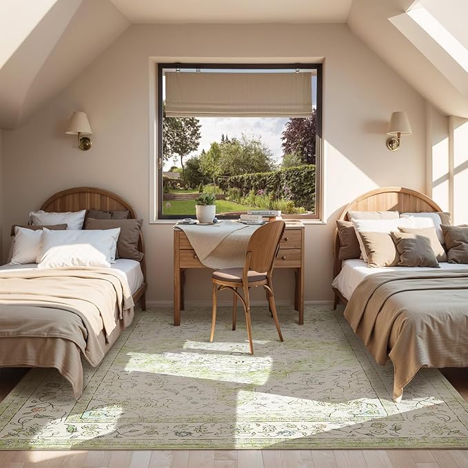 Topllen Washable Area Rug - 5'x7' Boho Living Room Rug, Non-Slip Soft Rugs Indoor for Bedroom Dining Room Office, Vintage Throw Large Carpet Stain Resistance (Green, 5x7ft)