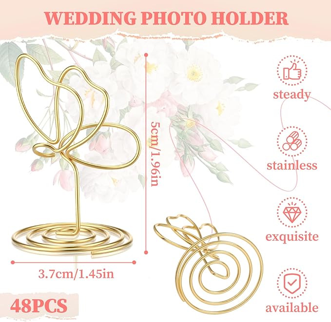 48 Pcs Gold Butterfly Photo Holders Table Number Photo Clips Holder Butterfly Decoration Name Place Card Stand for Centerpieces Wedding Reception, Party, Birthday