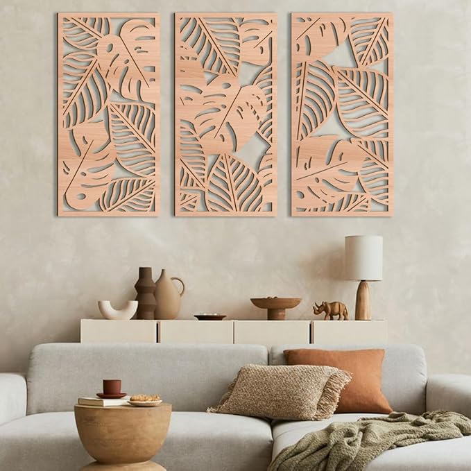 IARTTOP Leaf Wood Tropical Wall Art 15.9X32 Inch Carved Palm Leaves Wall Decor Coastal Monstera Plant Wall Sculptures for Living room Bedroom Set of 3