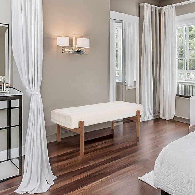 White Modern Bench Upholstered End of Bed Bench Chenille Fabric Bedroom Bench for Entryway Living Room Vanity Makeup Room, 47" Long, Wooden Legs