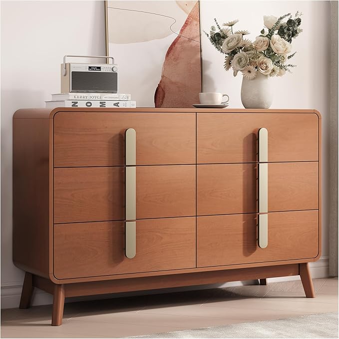 Dresser for Bedroom with 6 Drawers,Mid Century Modern Dresser with Storage,47" Wide Chest of Drawers with Metal Handles,Large Wood Drawer Organizer for Bedroom,Living Room,Hallway,Cherry