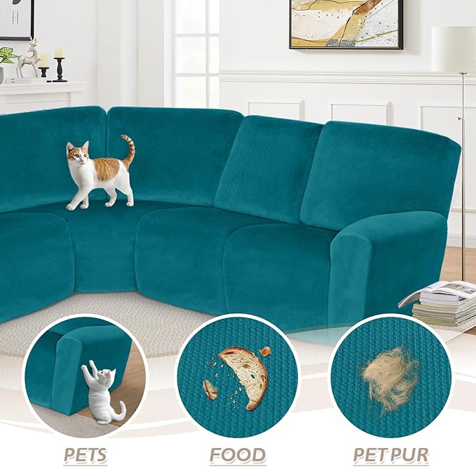 Arfntevss Sectional Recliner Couch Covers Velvet Corner Sectional Sofa Cover for Reclining Couch Stretch Soft L Shape Recliner Slipcover Thick U Shaped Washable Protector (5 Seat Cover, Teal Blue)