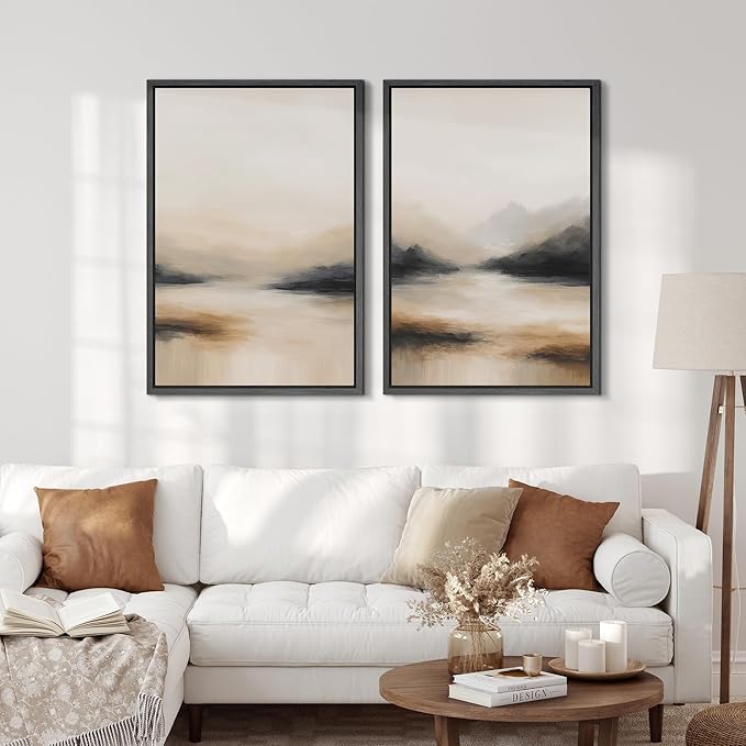 SIGNFORD Framed Canvas Print Wall Art Set Abstract Mountain Landscape Neutral Beige and Black Illustration Modern Art Decorative Nordic Nature for Living Room, Bedroom, Office - 24"x36"x2 Black
