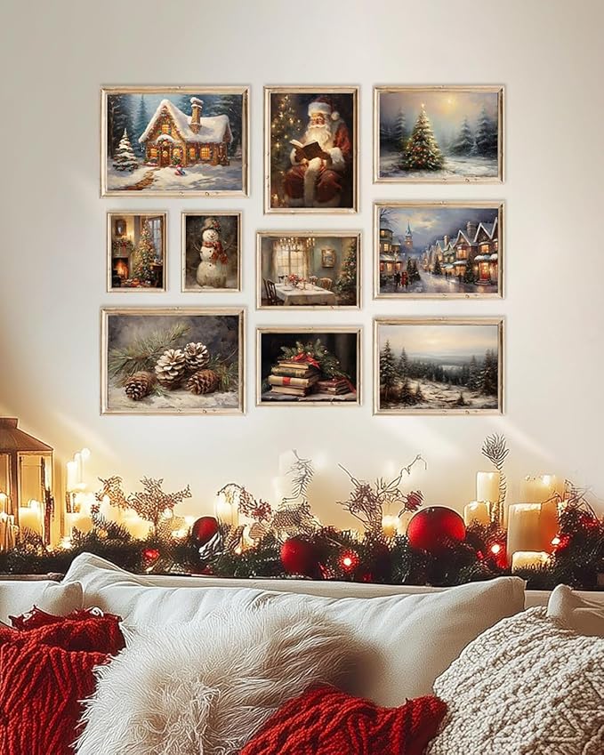 KBKBART Christmas Wall Art Prints Set of 10, Winter Christmas Picture Wall Decor Santa Xmas Tree Forest Canvas Artwork, Snow Scene Street Christmas Aesthetic Posters for Bedroom, Vintage Christmas Holiday Decor - Unframed