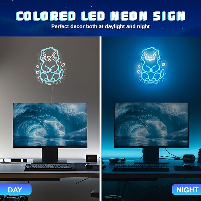 Sea Otter Neon Sign - Unique Wall Decor for Kids Bedroom, Gifts for Otter Lovers & Boys Girls, USB-Powered Energy-Efficient Art with Hanging Kit