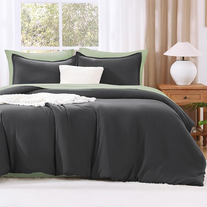 Litanika Dark Grey Comforters Oversized Queen Size, 3 Pieces Lightweight Solid Bedding Comforter Set, All Season Fluffy Bed Set (98x98In Comforter & 2 Pillowcases)