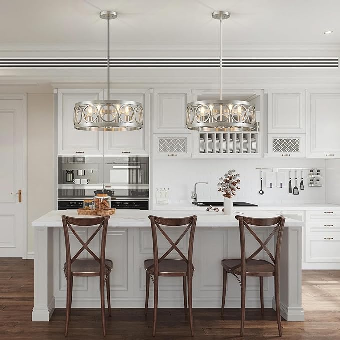 XINGQI 6-Light Modern Farmhouse Chandelier Brushed Nickel, 21.7'' Drum Ceiling Light Fixture for Living Dining Room Over Table with Round Metal Shade Pendant Lighting