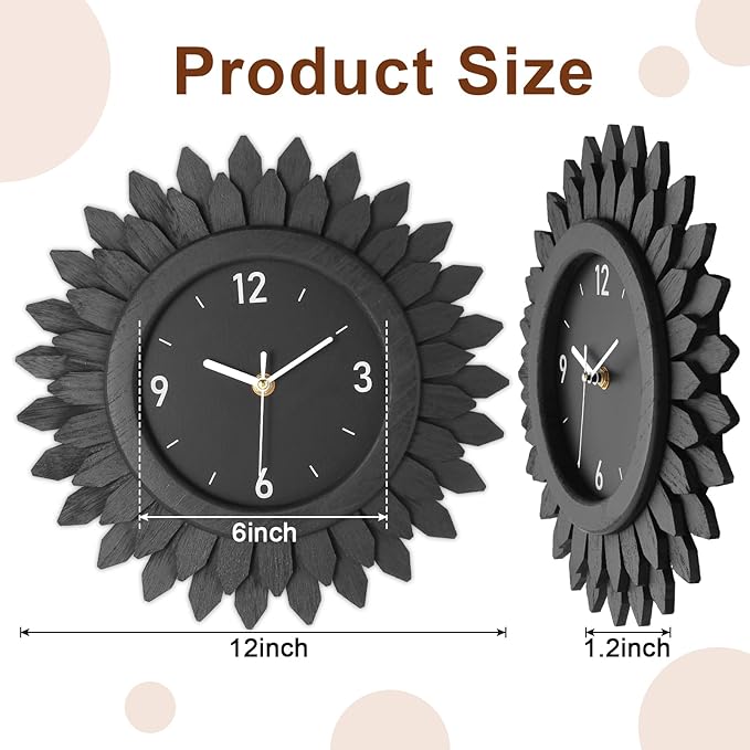 Honiway Wall Clock Battery Operated 12 Inch Rustic Wooden Boho Sunburst Decorative Wall Clock Silent Non-Ticking Black Wall Decor Clocks for Living Room Kitchen Bathroom Bedroom (Black)