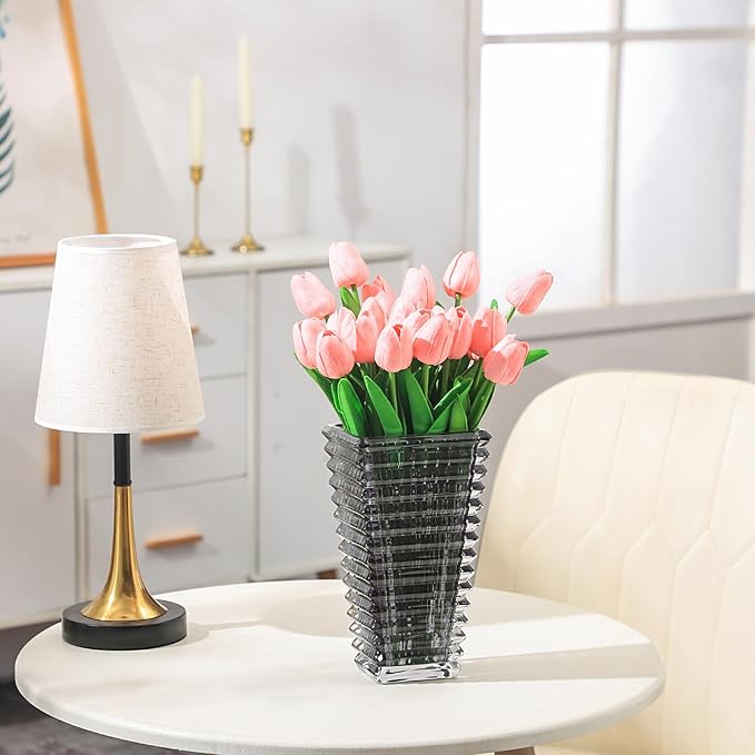 MCMCNCUIU Crystal Vase, Large Crystal Vases for Flowers, Black Large Flower Vase, Modern Glass Vases for Living Room, Bedroom, Kitchen, Dining Table, Mantle, Wedding, 9 Inches